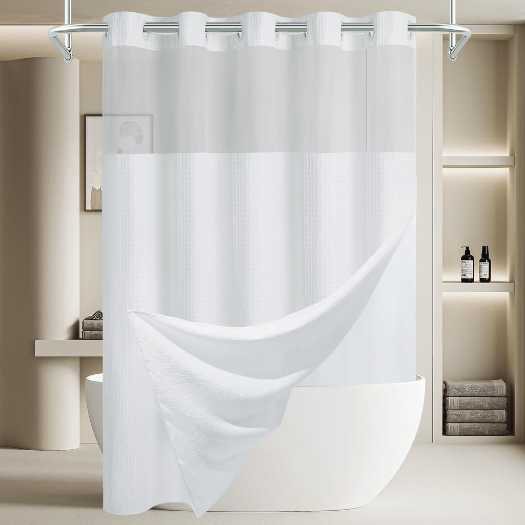 256GSM Heavyweight Ringless Waffle Shower Curtain with Liner, 71x74, White