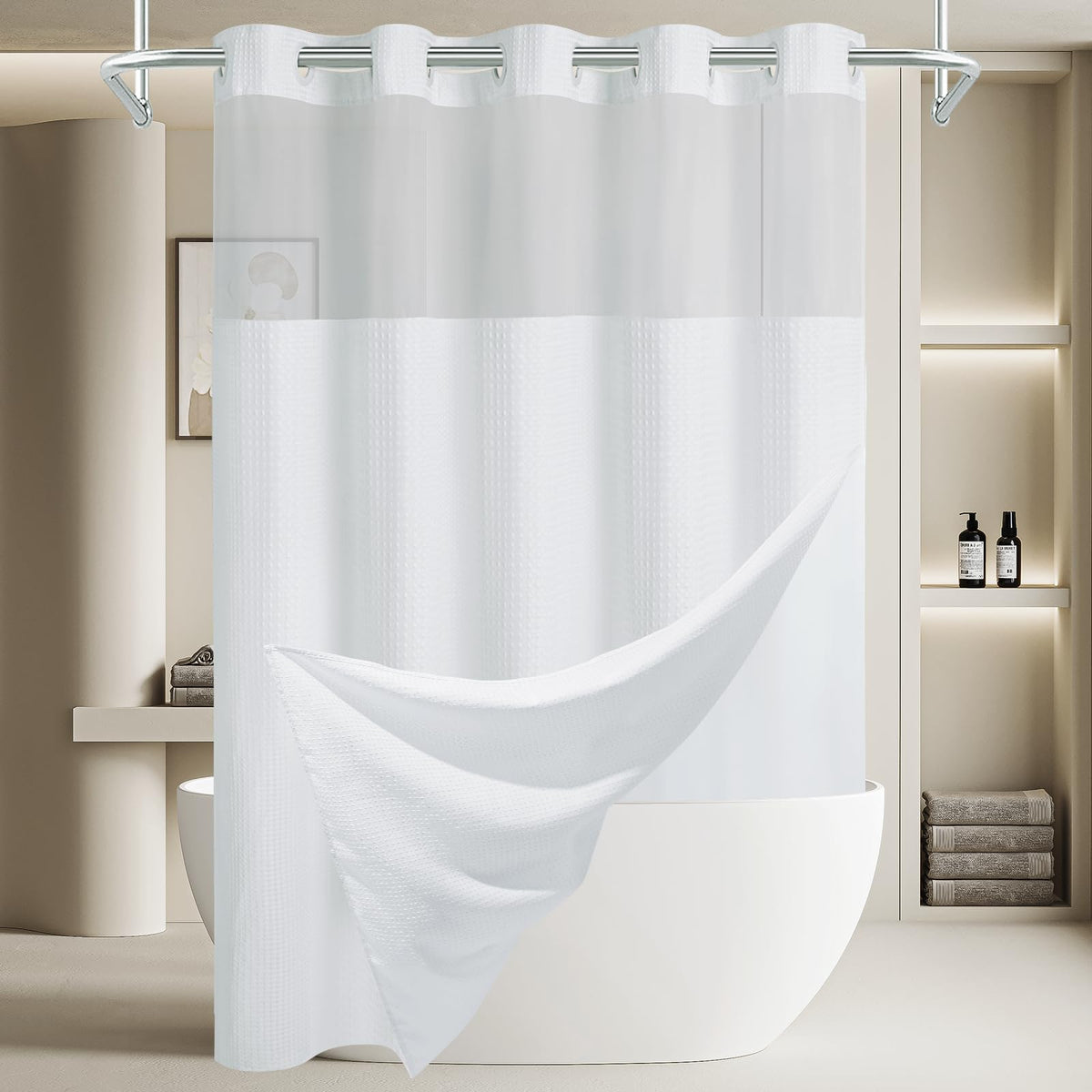 256GSM Heavyweight Ringless Waffle Shower Curtain with Liner, 71x74, White