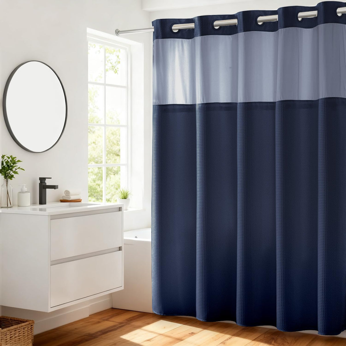 RiverDream Heavyweight Waffle No Hook Shower Curtain with Liner,White,71x74