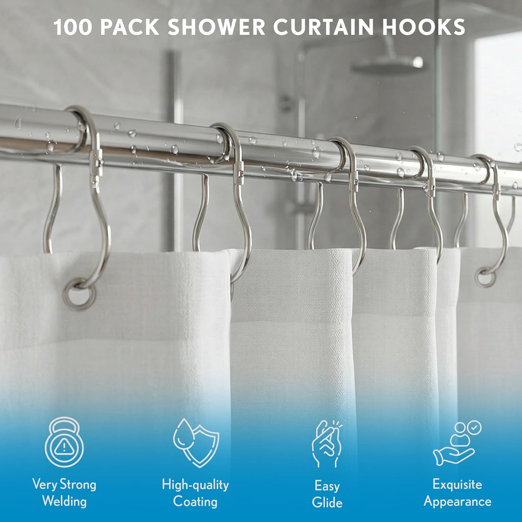 100 Pack Shower Curtain Hooks, 2.5" Metal Shower Curtain Rings, Made of Rust Resistant Nickle-Plated Steel, Pear Shaped Split Rings, Hanging Clips