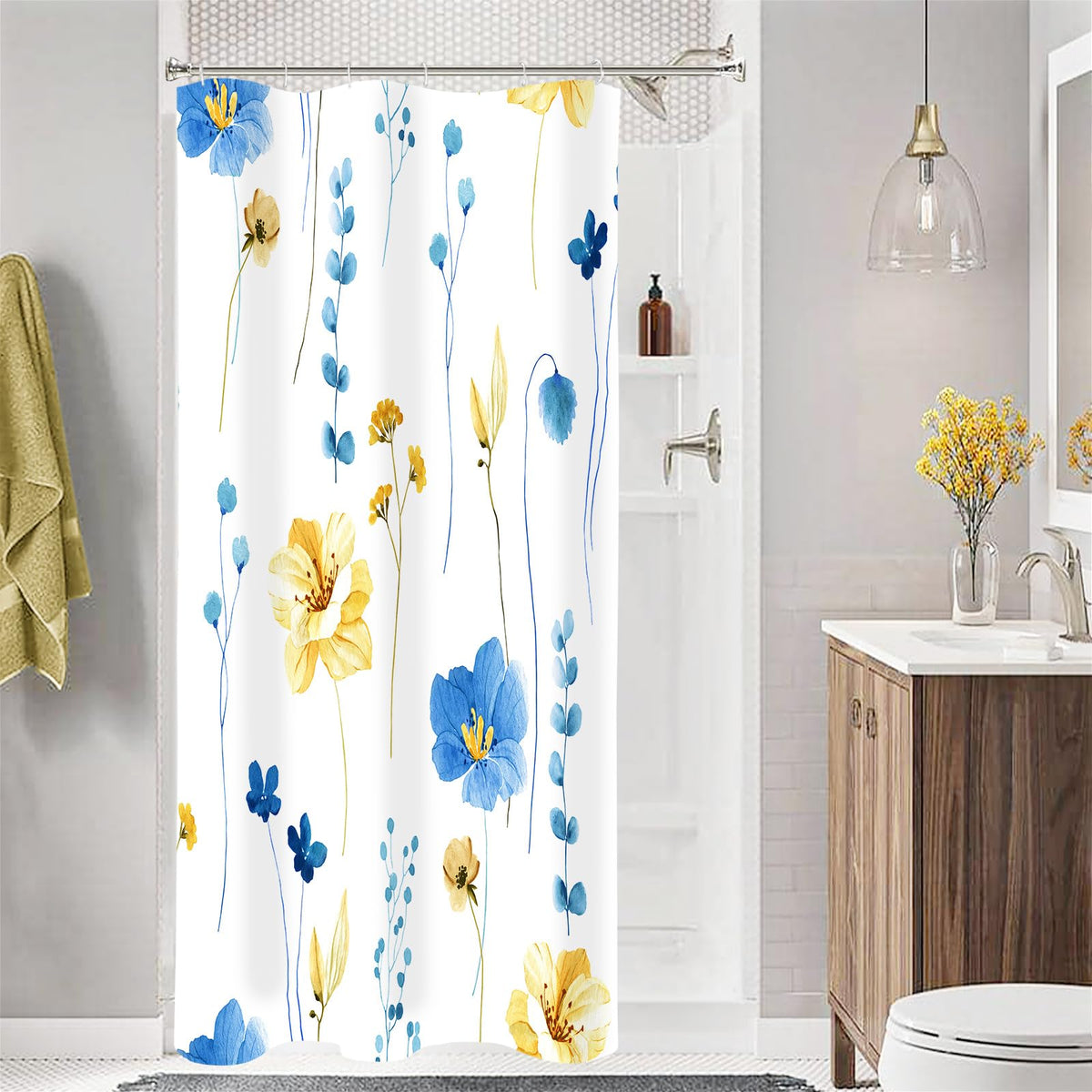 Gibelle Blue Yellow Watercolor Floral Fabric Shower Curtain, 72x72