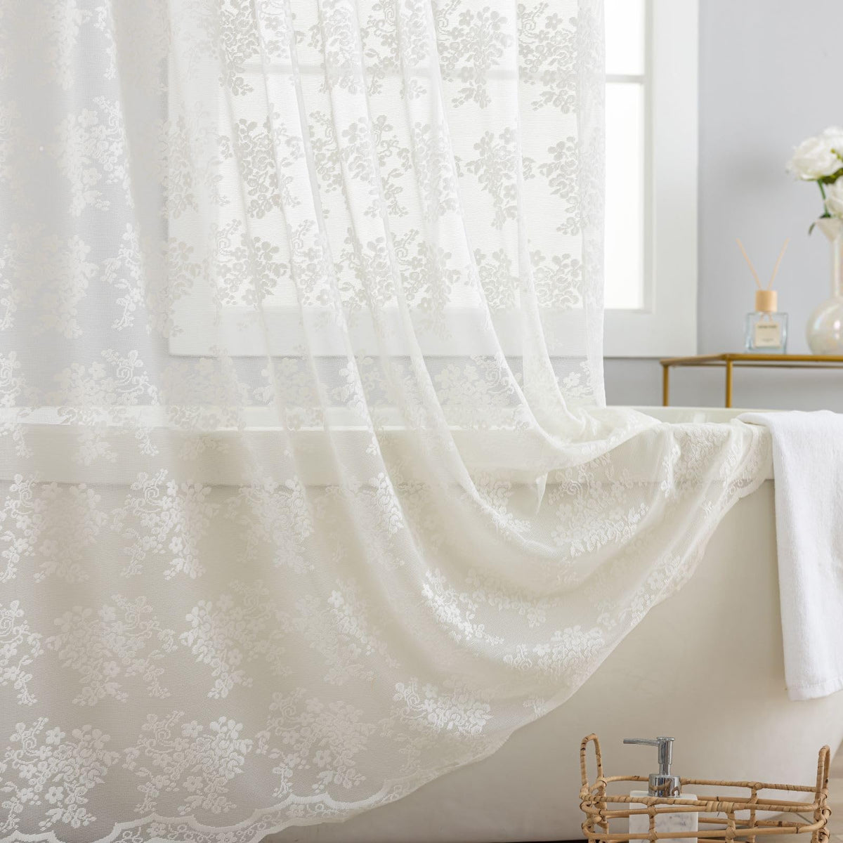 TUDECO Lace Brown Shower Curtain with Attached Valance, 72 x 72 Inch