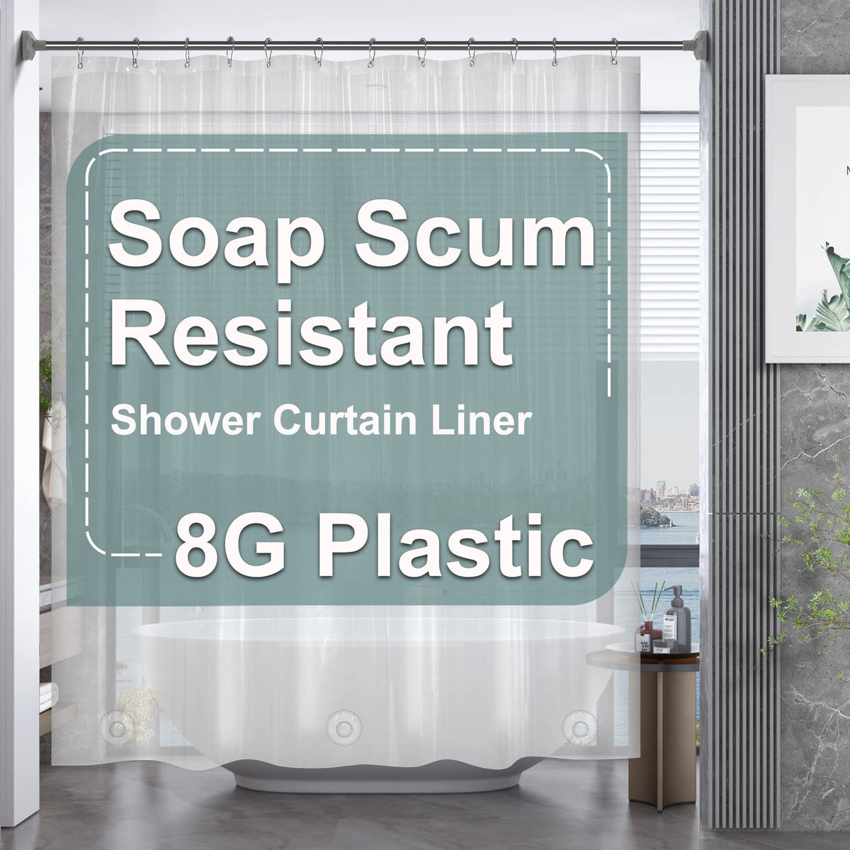 AmazerBath Black Shower Curtain Liner Plastic, Thick PEVA Shower Curtain Black, Dark Shower Liner Heavy Duty 8G, Black Bathroom Curtain Waterproof with 3 Weighted Stones and 12 Grommets, 72x72 Inches