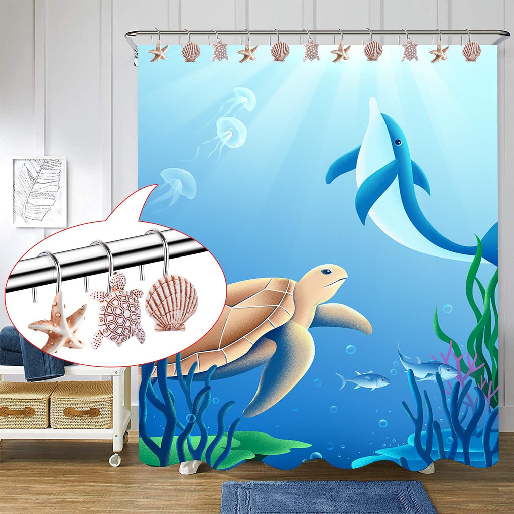 Decorative Shower Curtain Hooks,12Pcs Seashell Turtles Shower Curtain Rings