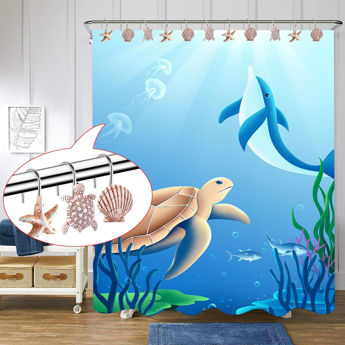 Decorative Shower Curtain Hooks,12Pcs Seashell Turtles Shower Curtain Rings