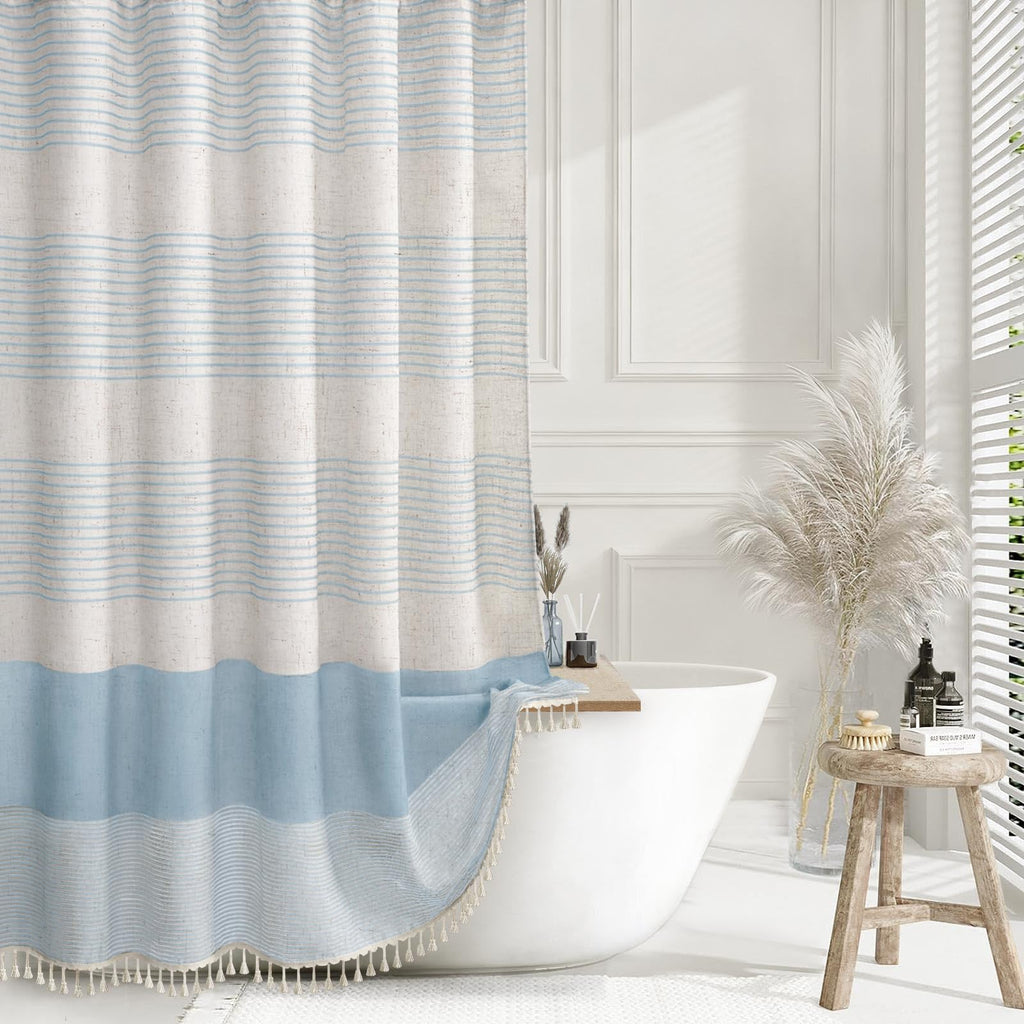 Navy Blue Coastal Ocean Linen Striped Shower Curtain with Tassel 72W X 72L