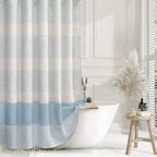 Navy Blue Coastal Ocean Linen Striped Shower Curtain with Tassel 72W X 72L