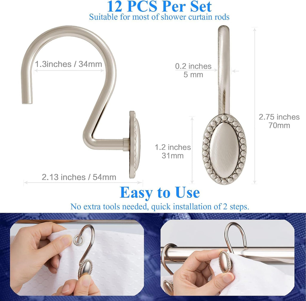 Brushed Nickel Shower Curtain Hooks, 12Pcs Heavy Duty Rustproof