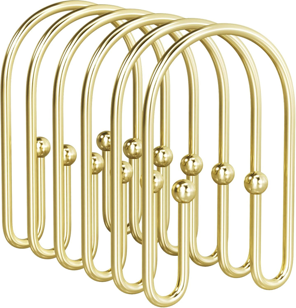 AmazerBath Shower Curtain Hooks, Gold Shower Curtain Hooks Rust Proof, Non-Slip Simple Double Hook Shower Curtain Hooks for Shower Curtain, Sturdy Shower Curtain Rings, 12Pcs