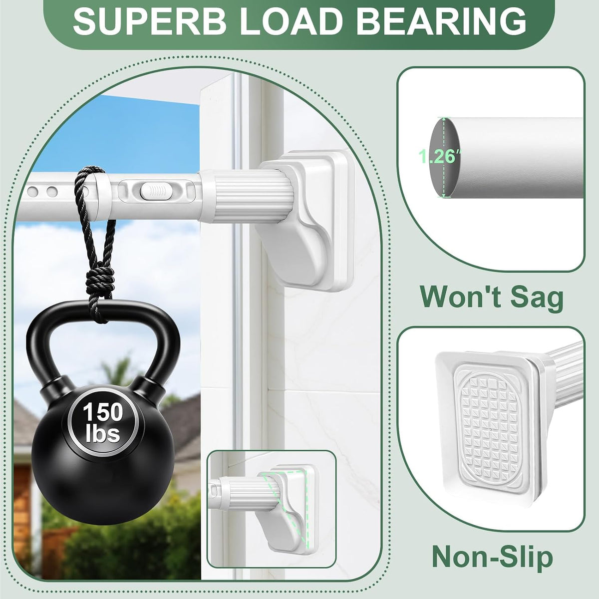 YNL Tension Curtain Rod No Drilling, 41-86 Inch Heavy Duty Shower Curtain Rod, One-Click Adjustable Tension Rods for Bathroom/Patio/Window, Outdoor Rods, Renter Friendly, Non-Slip, White