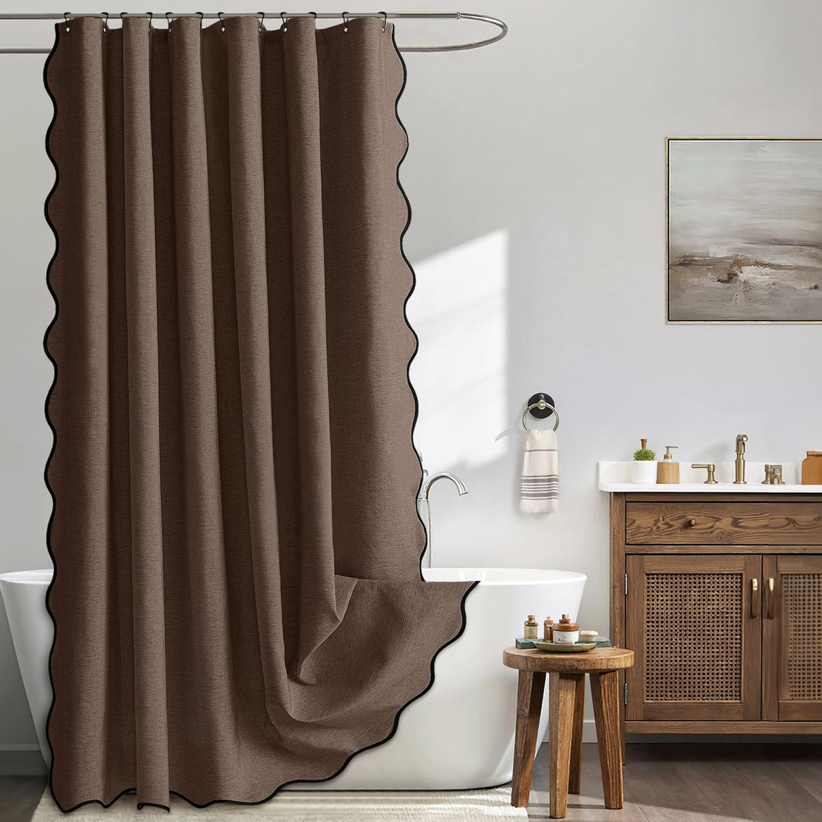 MIULEE 72"x84" Extra Long Scalloped Linen Shower Curtain Cream Beige