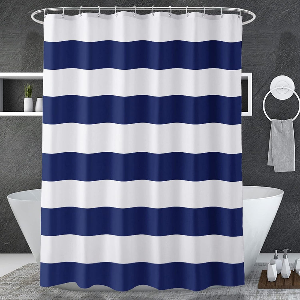 AmazerBath Navy Blue Shower Curtain Stripes, 72" W x 72" H Blue and White Shower Curtain, Fabric Shower Curtains for Bathroom with 2 Heavy Stones, Water Repellent