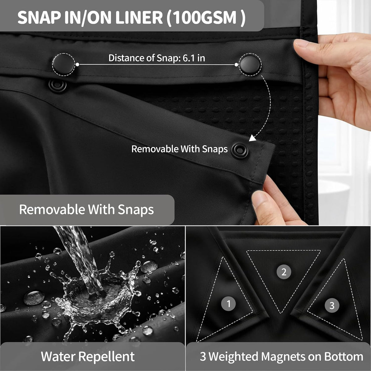 Dynamene Ringless Waffle Weave Fabric Shower Curtain Set, Black, 72"x75"