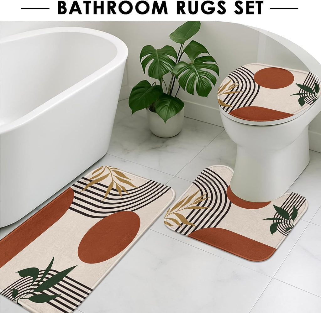 Bathroom Sets with Shower Curtain and Rugs, Set of 4 Geometric Boho