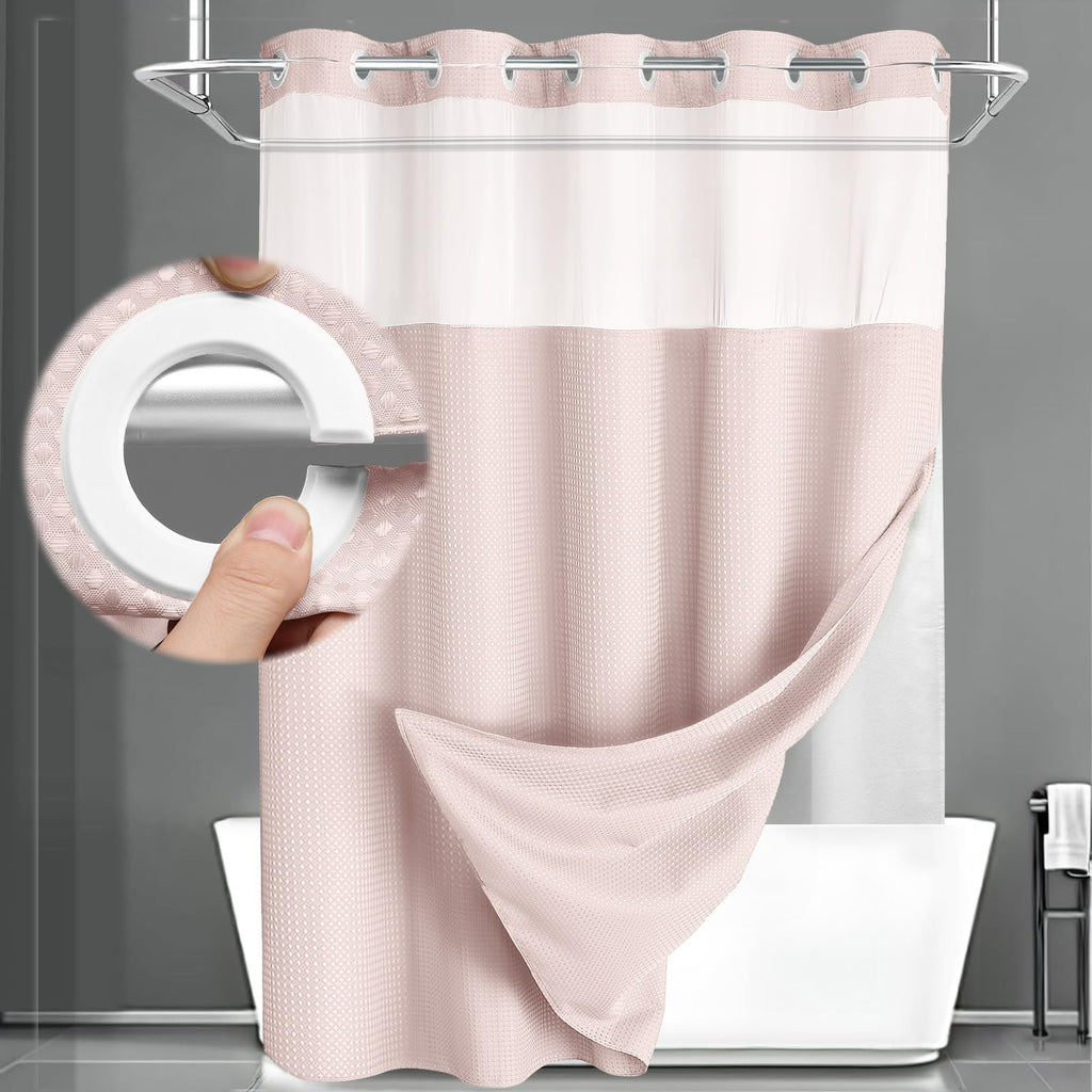 No Hook Shower Curtain with Liner Set Hotel Waffle Curtain White 72W X 75L