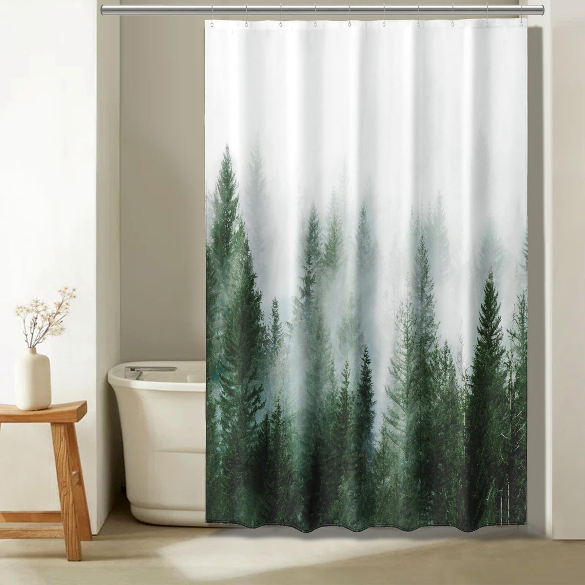 ORTIGIA Dark Green Misty Forest Shower Curtain for Bathroom, Nature Woodland Shower Curtain Set with Hooks, Decorative Pine Tree Fog Magic Bath Curtain for Home, Waterproof Fabric, Weighted, 72x72