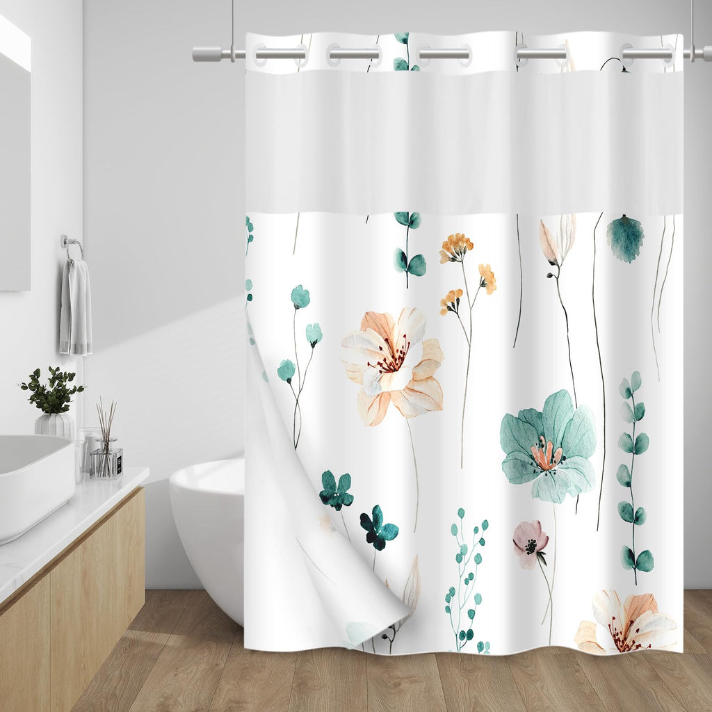 WITHLOC Hook Free Floral Shower Curtain with Liner, Blue Beige, 71x74