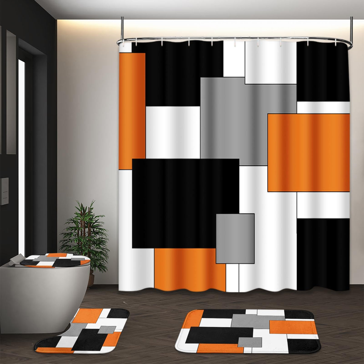 Bathroom Sets with Shower Curtain and Rugs, Set of 4, Checkered