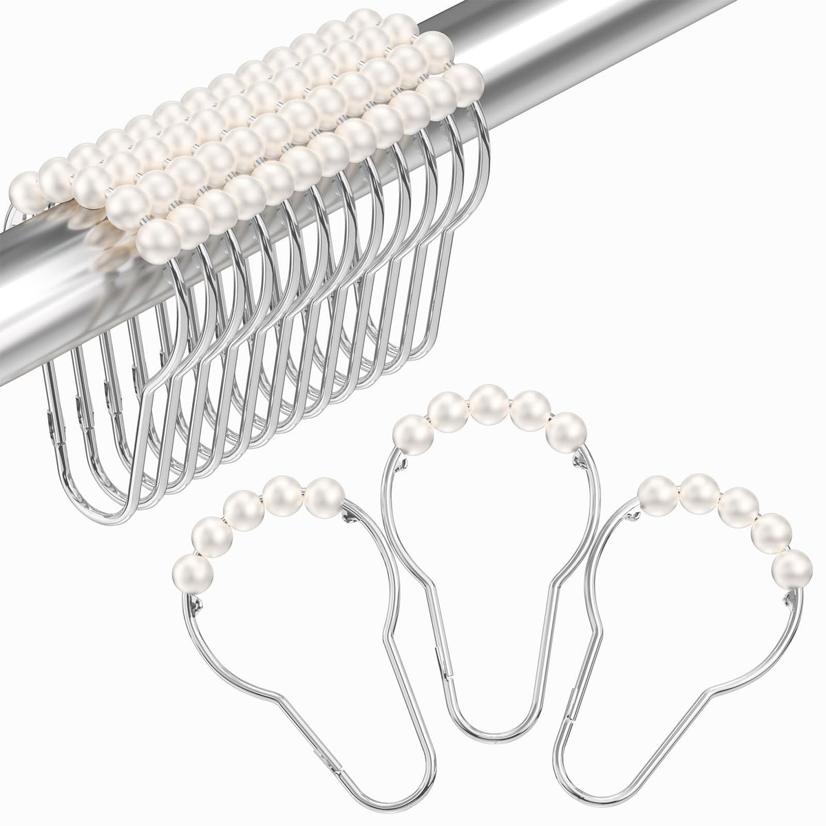 Amazer Shower Curtain Hooks Rings, Rust-Resistant Stainless Steel Double Shower Curtain Hooks, Shower Hooks for Shower Curtain and Liner Bathroom, Set of 12, Chrome