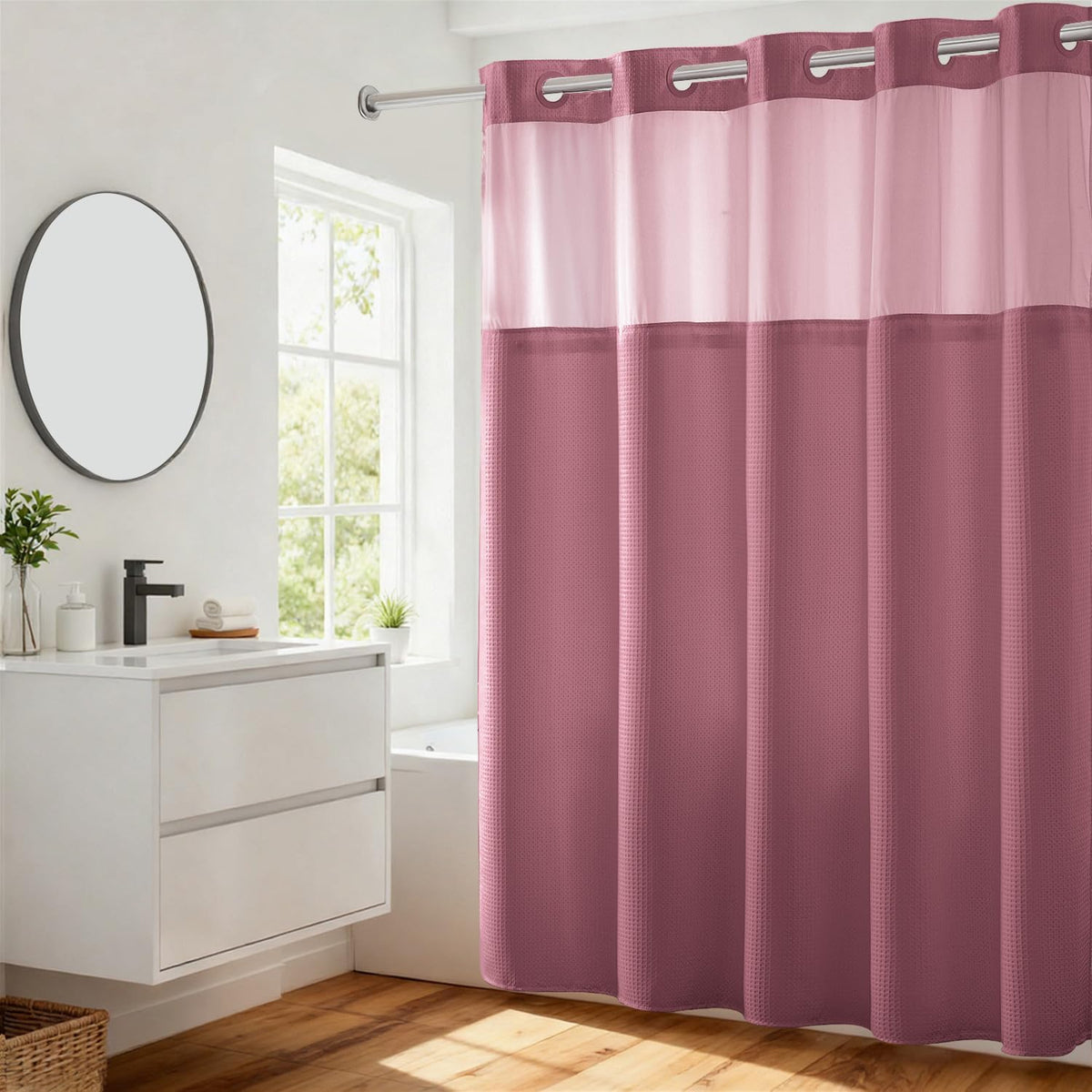 River Dream Heavyweight Waffle No Hook Shower Curtain with Liner,Gray,71x74