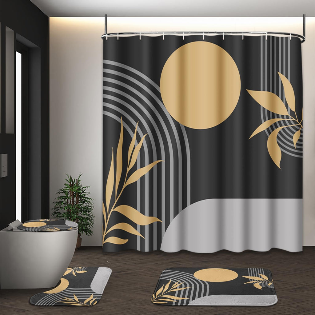 Bathroom Sets with Shower Curtain and Rugs, Set of 4 Geometric Boho