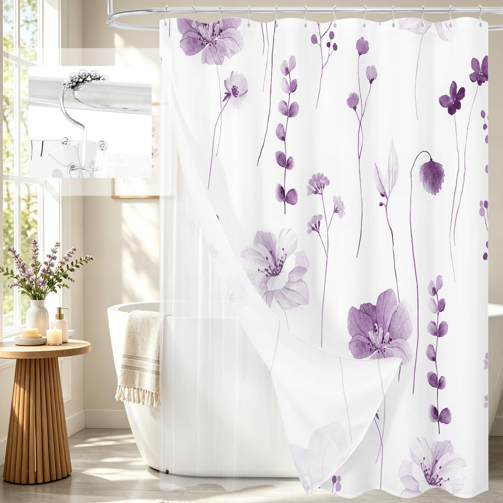 Gibelle 3 in 1 Sage Green Watercolor Floral Shower Curtain Liner Set, 72x72