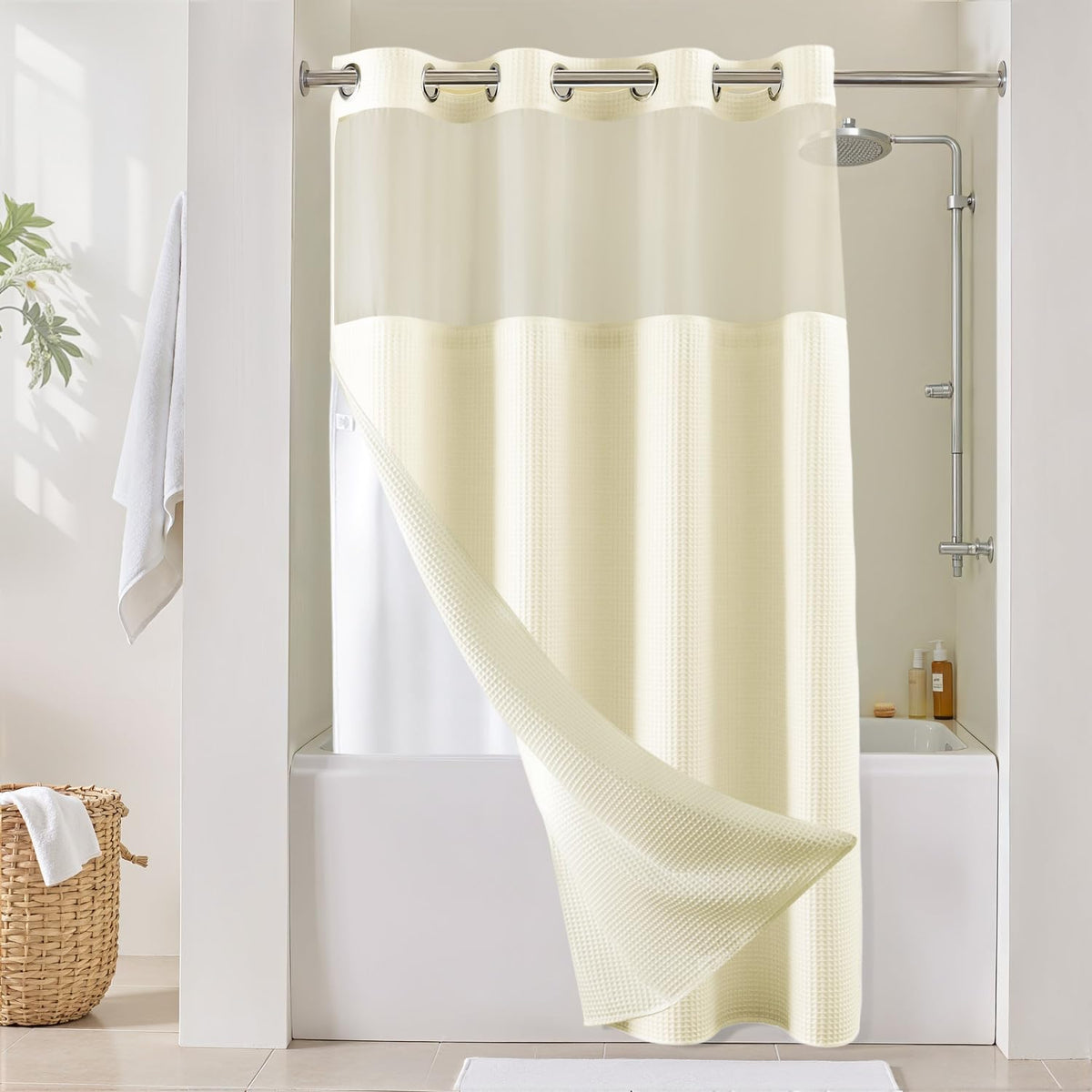 River Dream Cotton Blend Fabric Shower Curtain Set with Liner, White, 54x80