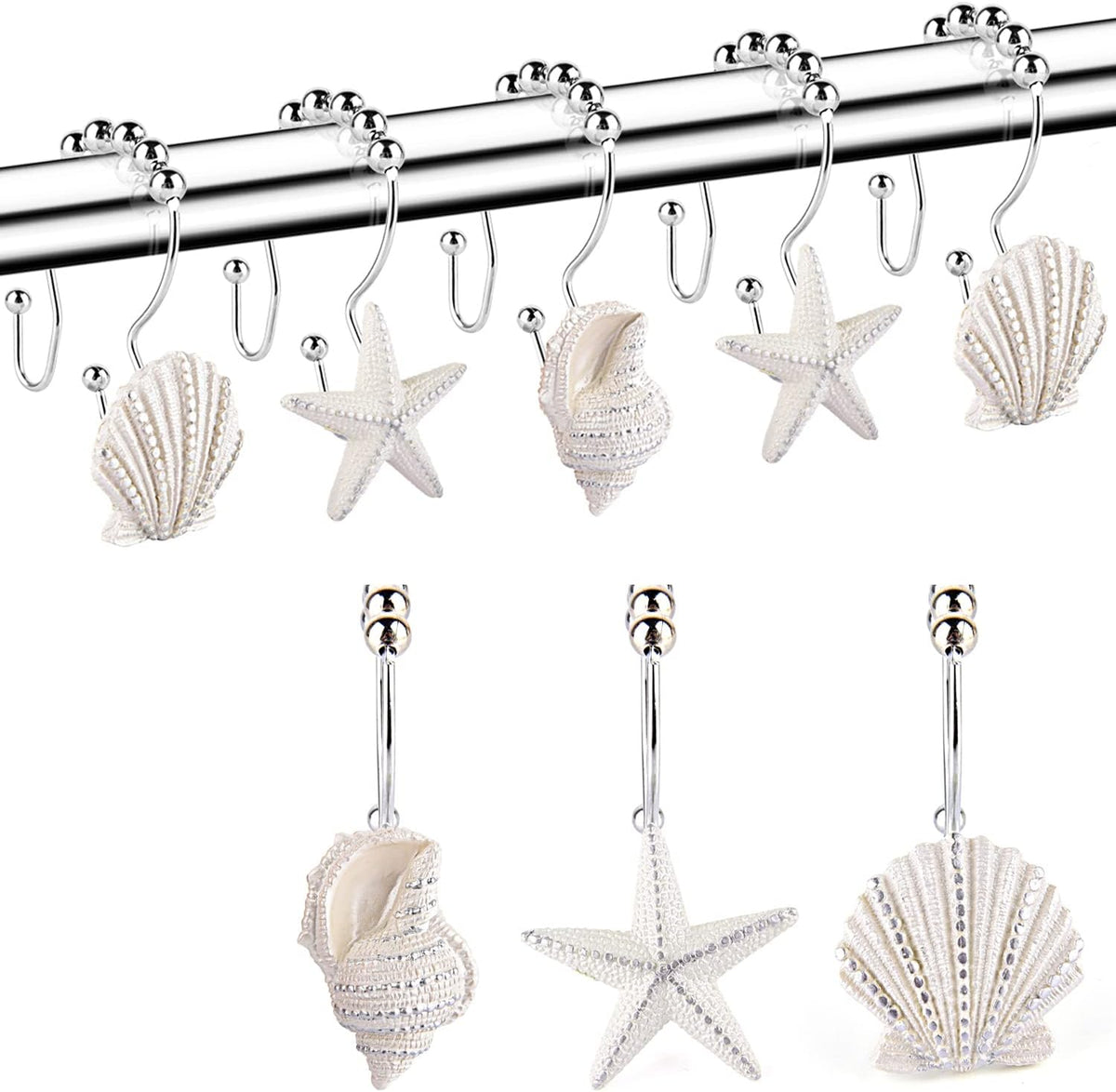 Decorative Shower Curtain Hooks,12 Pcs Seashell Double Shower Curtain Hooks