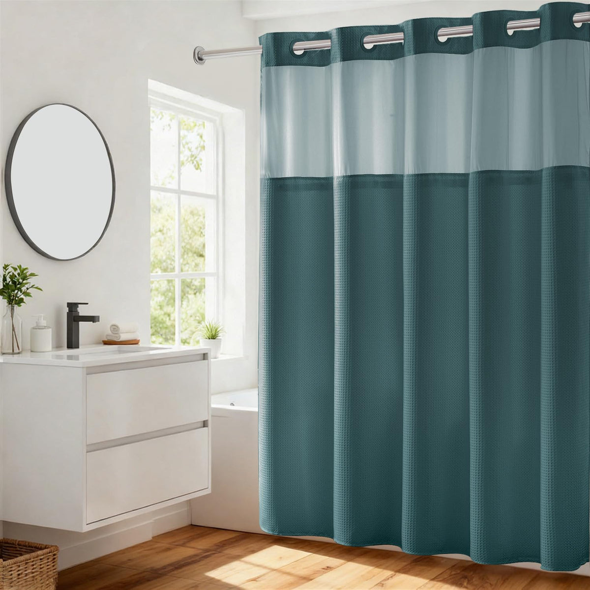 River Dream Waffle No Hook Shower Curtain with Liner,Navy Blue,71x74