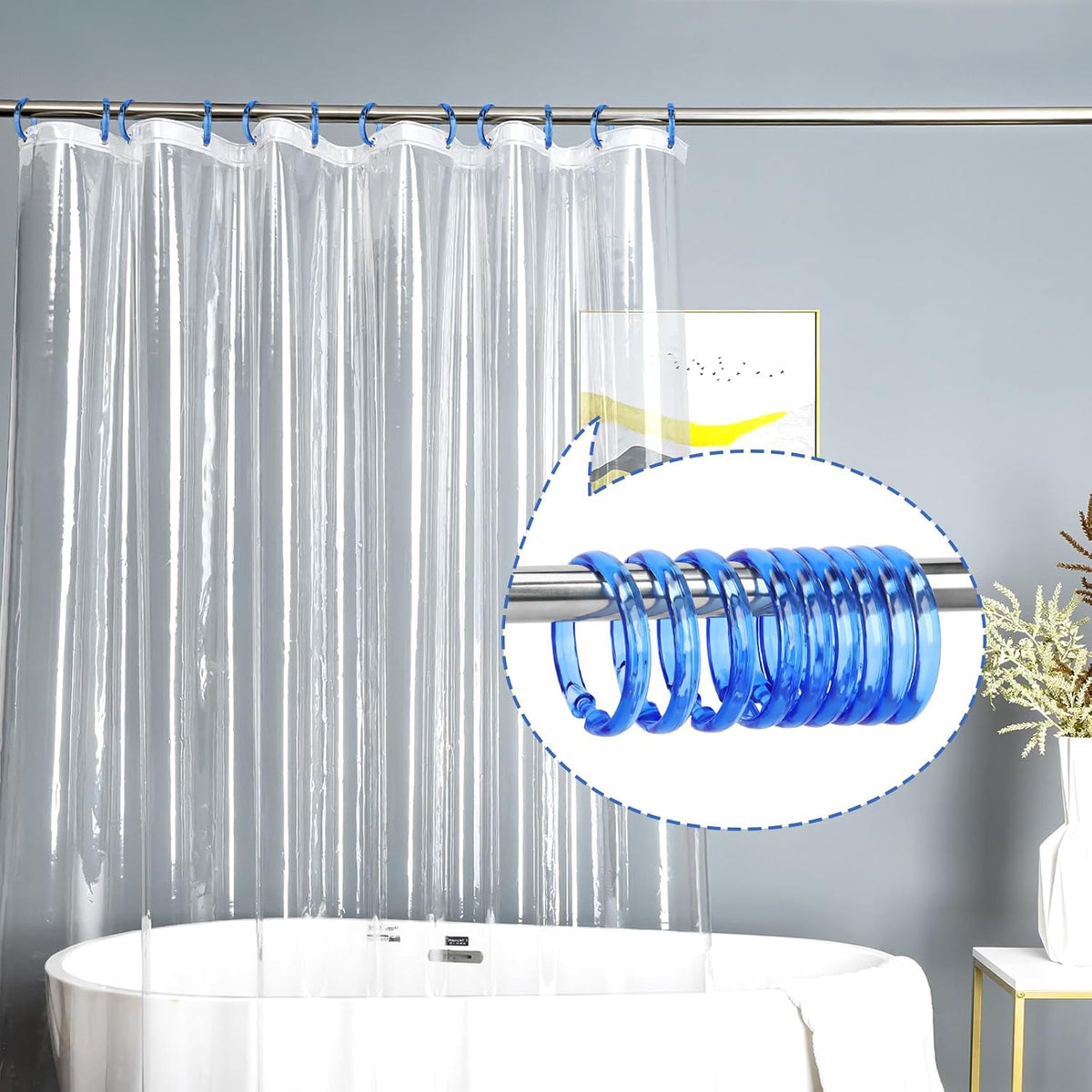 Blue Shower Curtain Hooks - 12 Pcs Circular Plastic Shower Curtain Rings for Bathroom - O Shaped Transparent Blue Shower Hooks Rings for Shower Curtain Rod