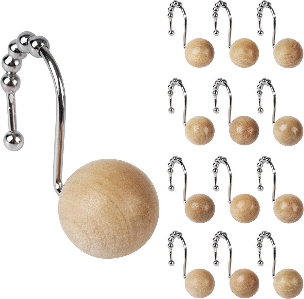 Sunlit Boho Wood Beads Decorative Shower Curtain Hooks, Shower Curtain Rings with Roller Balls, Farmhouse Bathroom Decoration Curtain Hangers Accessories, Set of 12, Natural