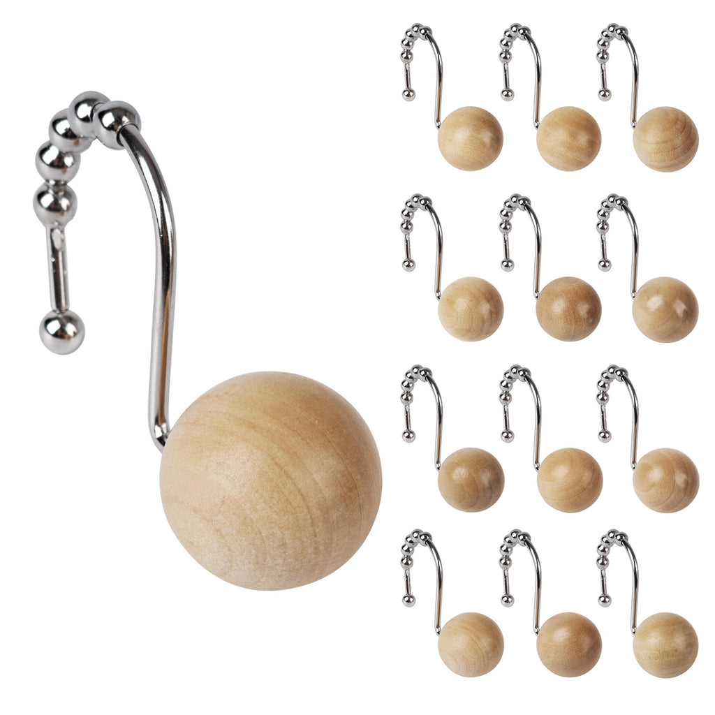 Sunlit Boho Wood Beads Decorative Shower Curtain Hooks, Shower Curtain Rings with Roller Balls, Farmhouse Bathroom Decoration Curtain Hangers Accessories, Set of 12, Natural
