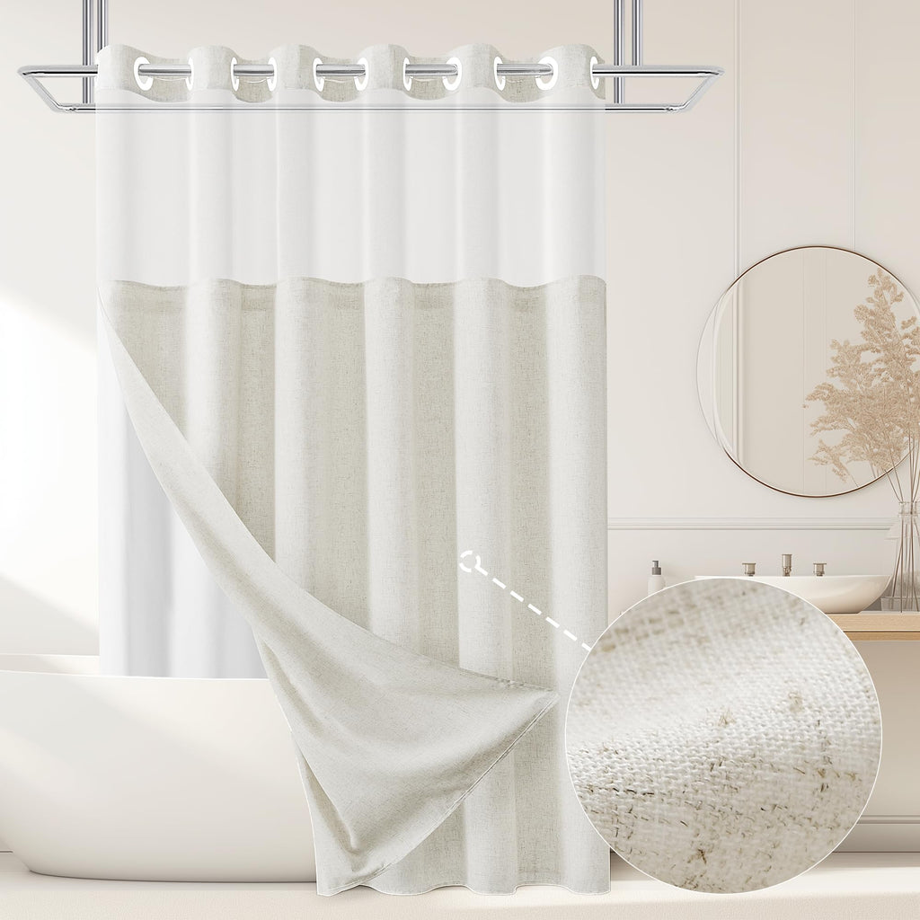 Jowels No Hooks Natural Linen Fabric Shower Curtains for Bathroom 72 Inches