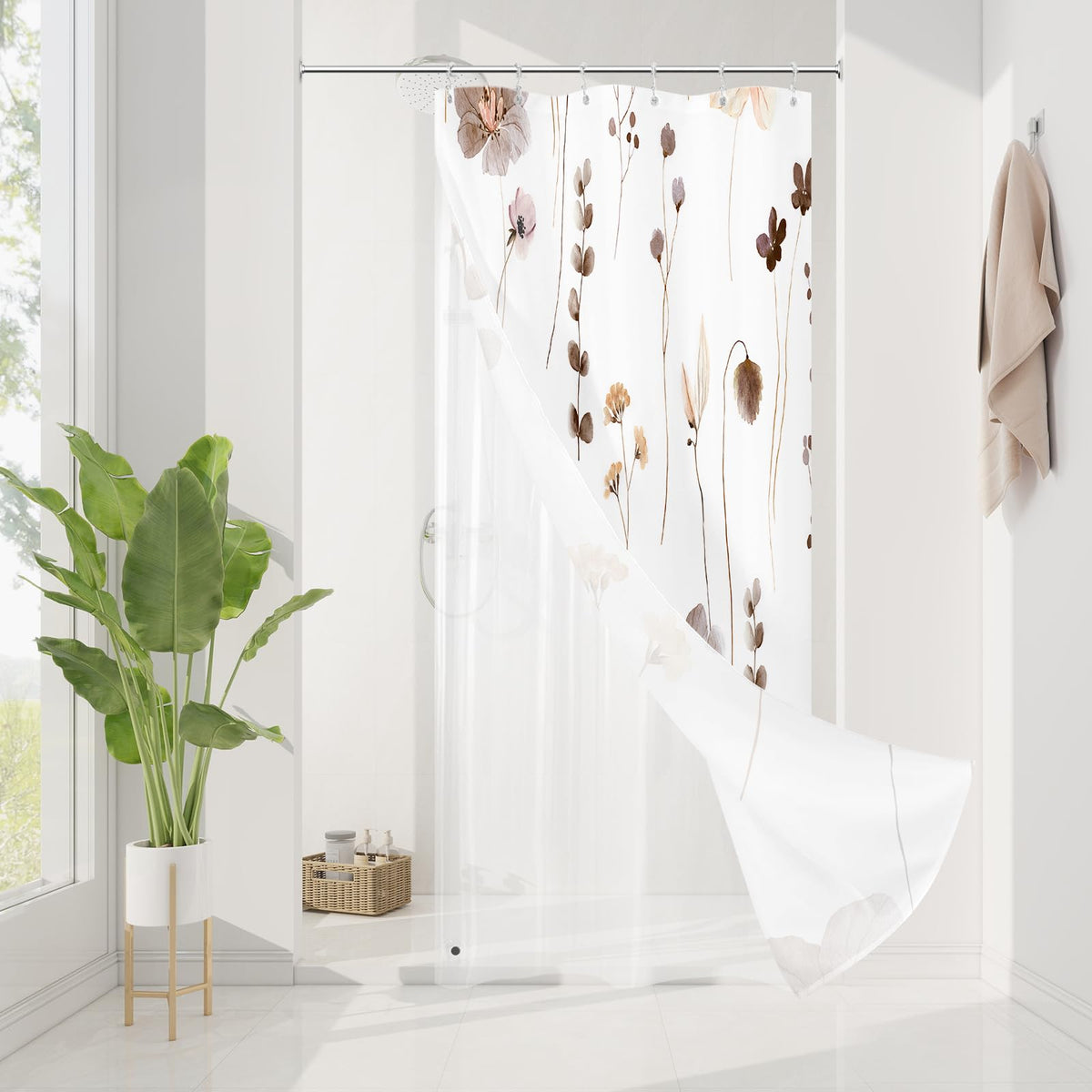Gibelle 3 in 1 Sage Green Watercolor Floral Shower Curtain Liner Set, 72x72