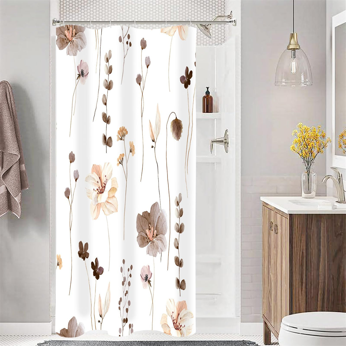 Gibelle Blue Yellow Watercolor Floral Fabric Shower Curtain, 72x72