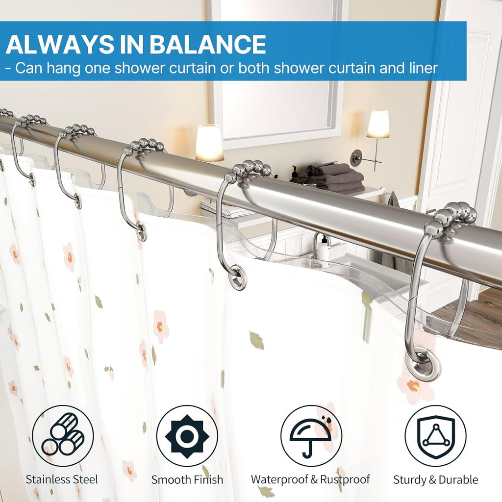 MENGJINGO 12PCS Wide Shower Curtain Hooks Rings, Rust Proof Stainless Steel, Heavy Duty Shower Hooks Rings for Bathroom Shower Rods Curtains Liners, Easy Glide Rollers, Set of 12, Matte Nickel