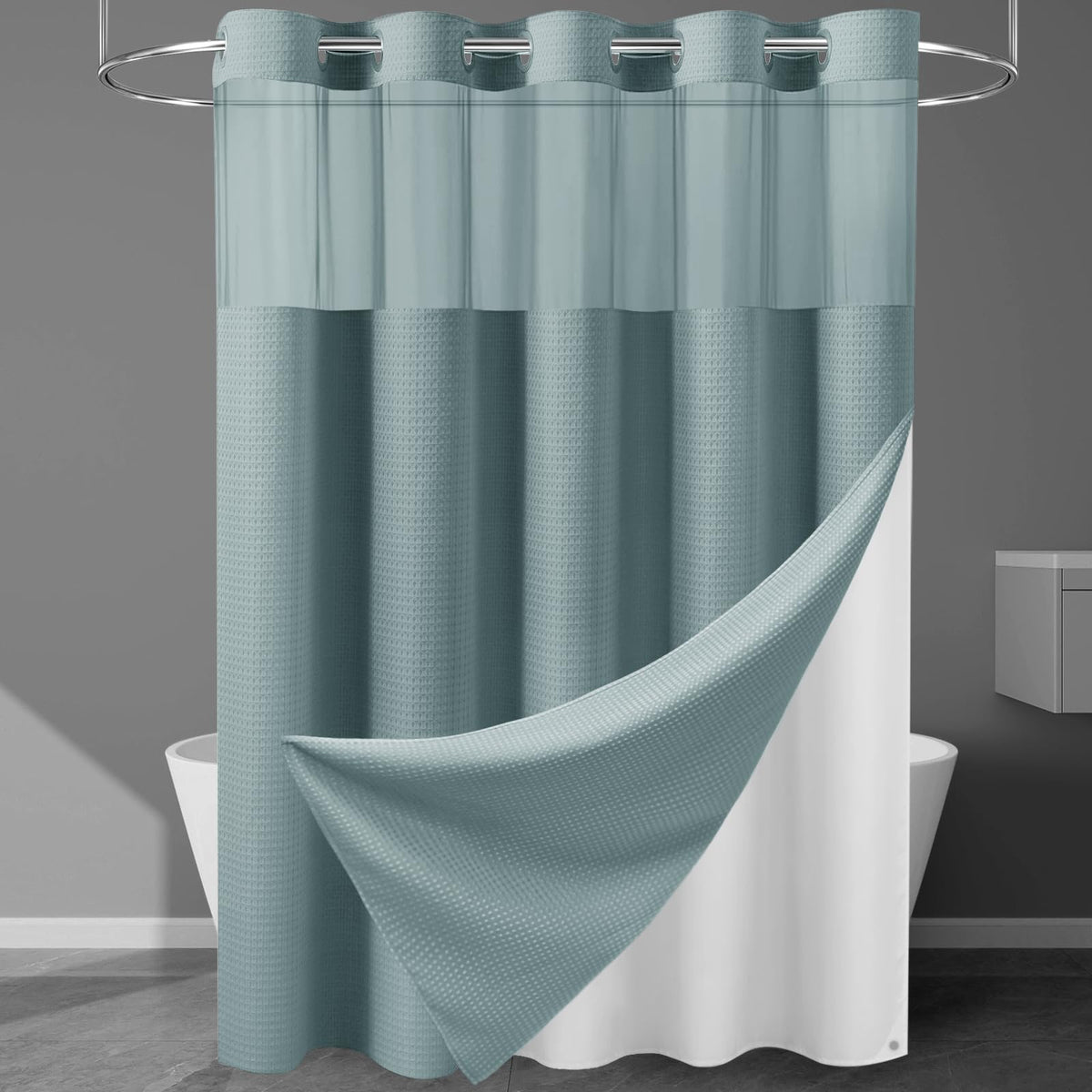 256GSM Heavyweight Ringless Waffle Shower Curtain with Liner, 71x74, White
