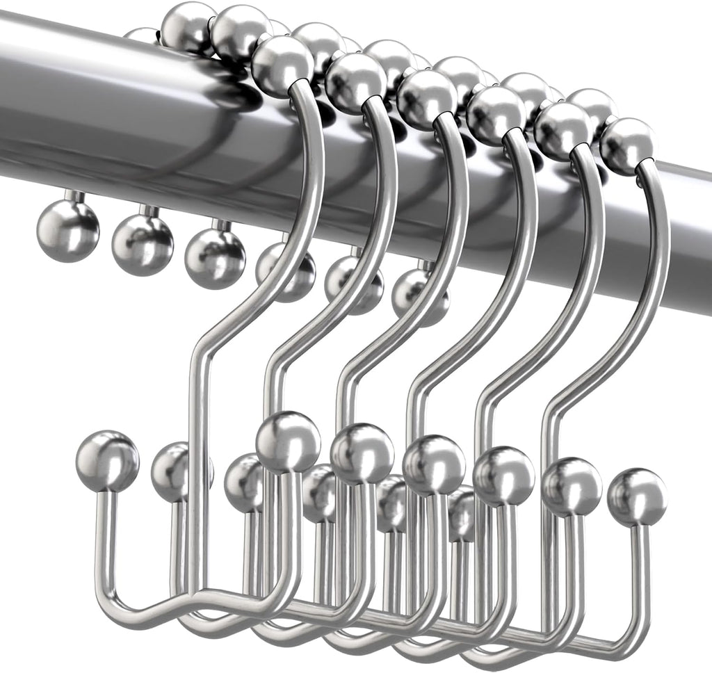 Titanker Double Shower Curtain Hooks, Rust Proof Shower Curtain Rings, Metal Shower Hooks for Bathroom Shower Rods Curtains, Set of 12 Hooks - Chrome