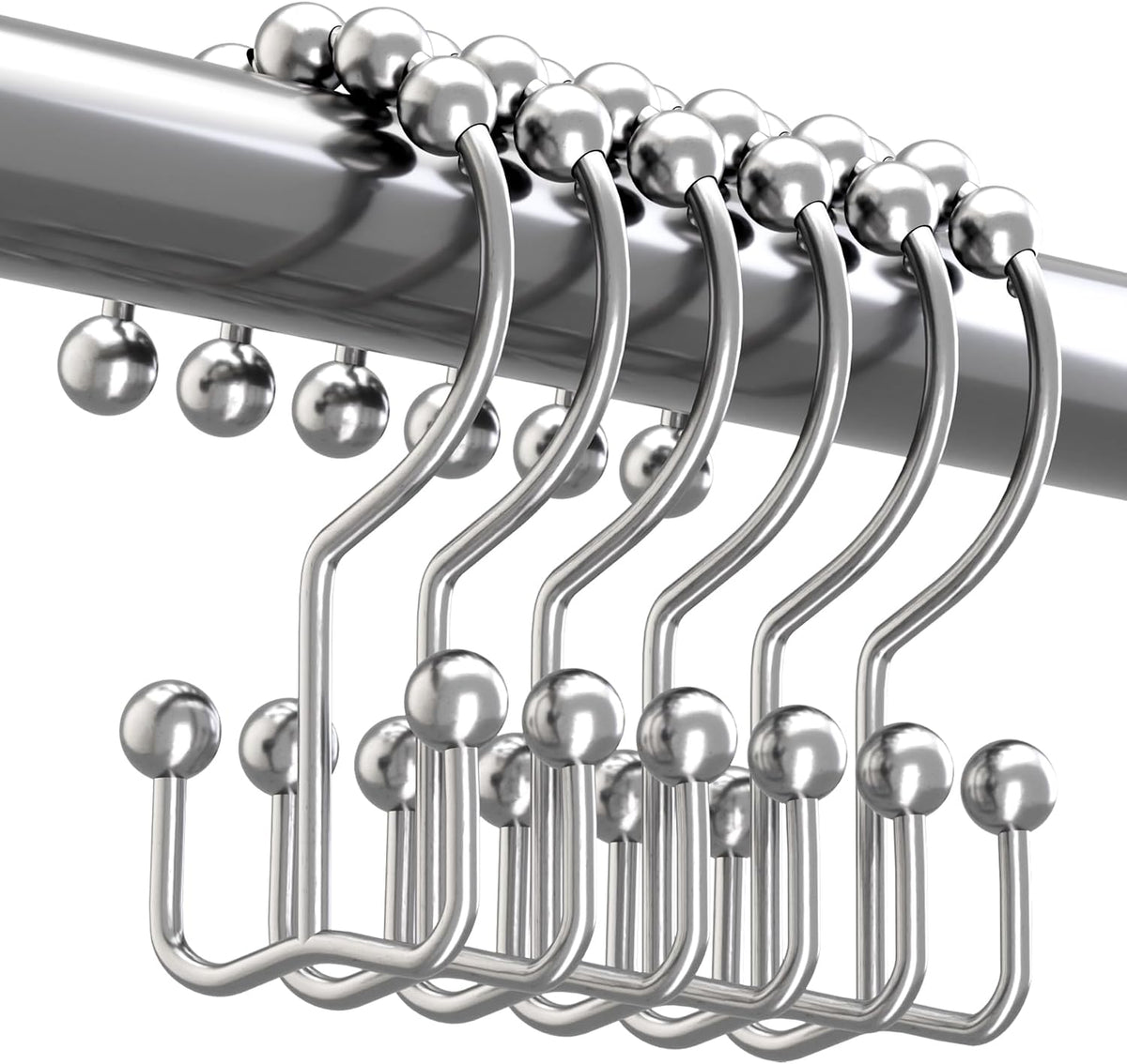 Titanker Double Shower Curtain Hooks, Rust Proof Shower Curtain Rings, Metal Shower Hooks for Bathroom Shower Rods Curtains, Set of 12 Hooks - Chrome