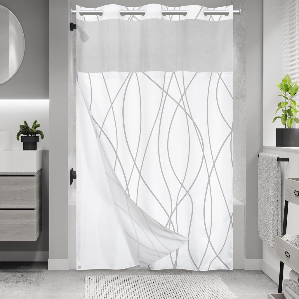 LXBNI Ringless Shower Curtain with Snap-in Liner, Gray White, 71 x 74 Inch