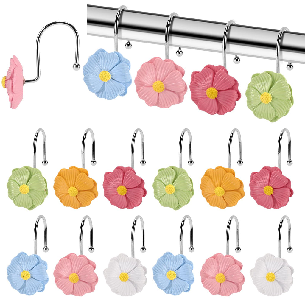 Flower Shower Curtain Hooks, 12 Pack Rustproof Stainless Steel Decorative, Bohemian Floral Bathroom Accessories for Curtain Rod and Shower Rod（White）