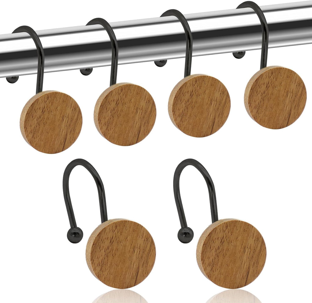 Shower Curtain Hooks, Wood Decorative Shower Curtain Rings, Modern Round Log Shower Curtain Hangers, 12PCS Metal Shower Hooks for Shower Curtain Rod, Bathroom, Bedroom, Living Room (Black)