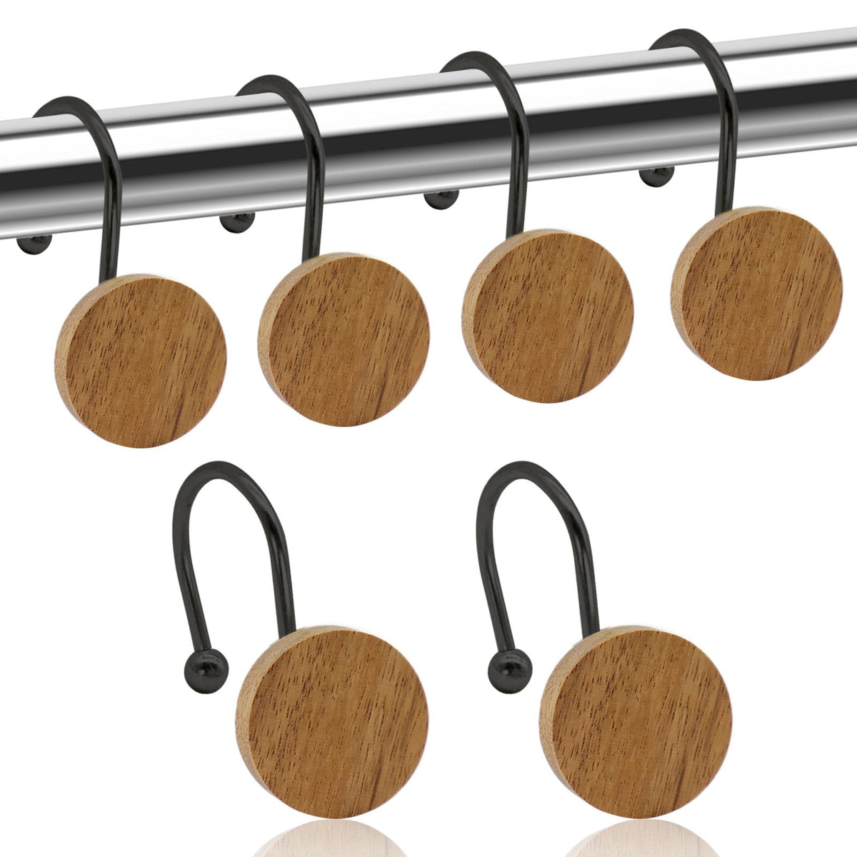 Shower Curtain Hooks, Wood Decorative Shower Curtain Rings, Modern Round Log Shower Curtain Hangers, 12PCS Metal Shower Hooks for Shower Curtain Rod, Bathroom, Bedroom, Living Room (Black)