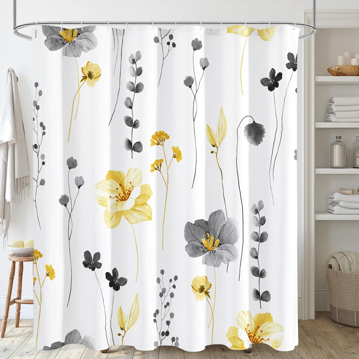 Gibelle Blue Yellow Watercolor Floral Fabric Shower Curtain, 72x72