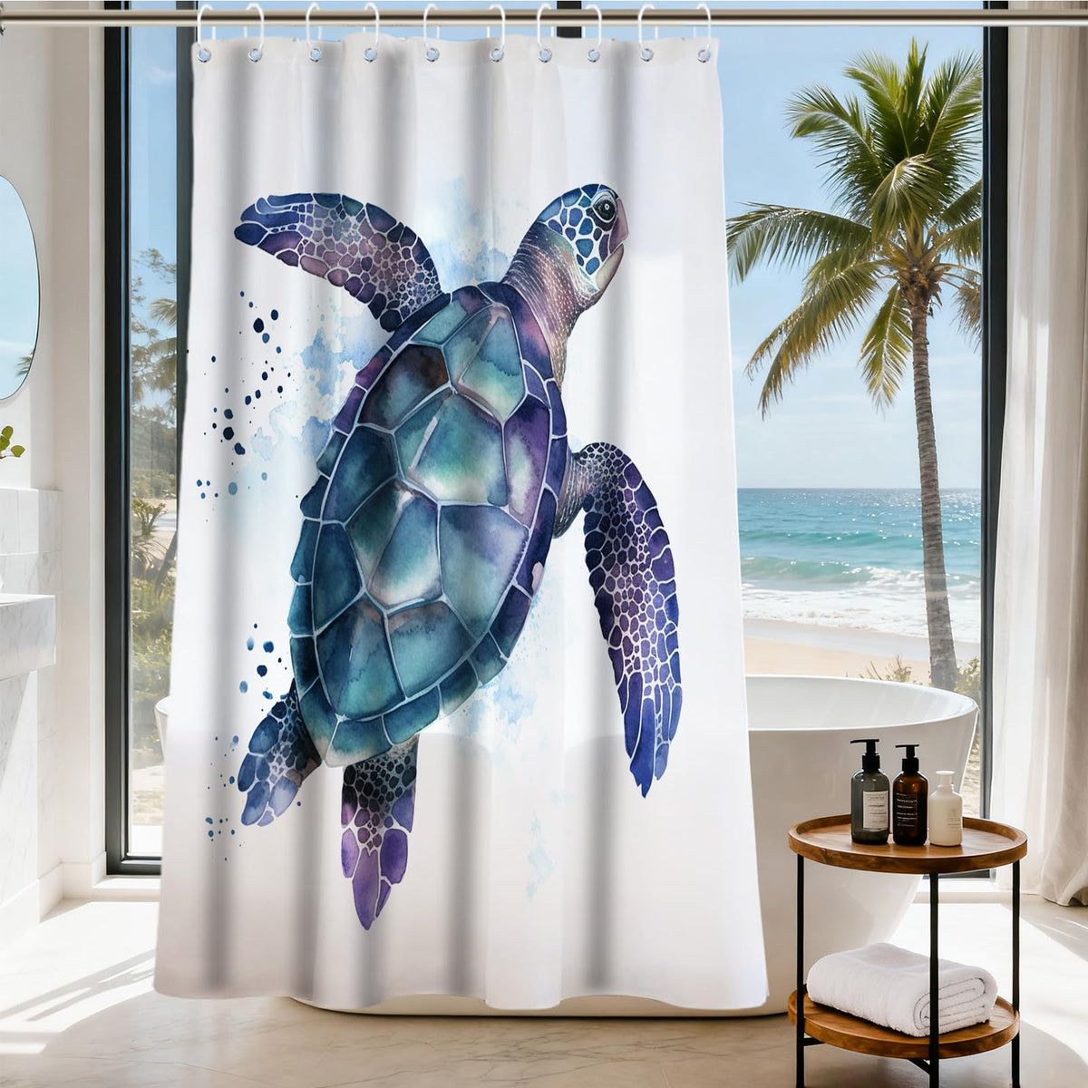 Nautical Green Sea Turtles Beach Theme Fabric Shower Curtain Sets Bathroom Blue Ocean Decor with Grommets and Hooks - 72 x 72 Inch Teal