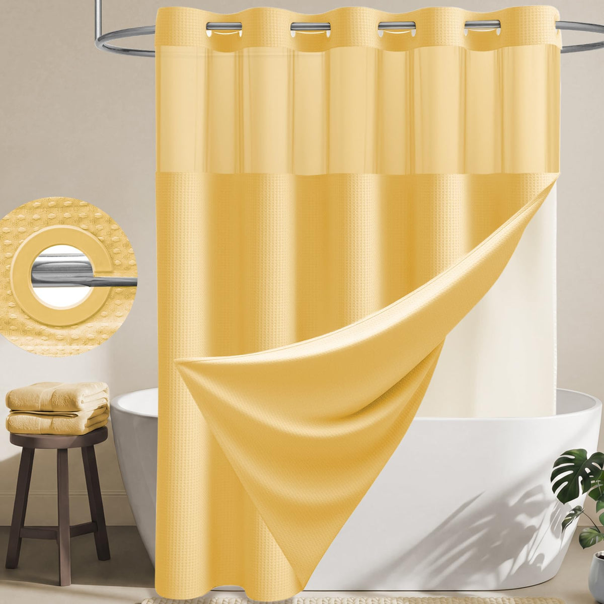 Dynamene Ringless Waffle Weave Fabric Shower Curtain Set, Black, 72"x75"