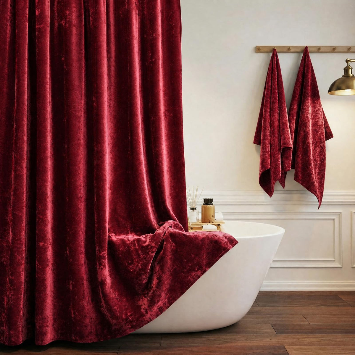 TAMGHO Crushed Velvet Shower Curtain, Dark Green Luxury Shower Curtain with Gold Decro Metal Hooks, Machine Washable Thick Fabric Bathroom Curtain, 72x72
