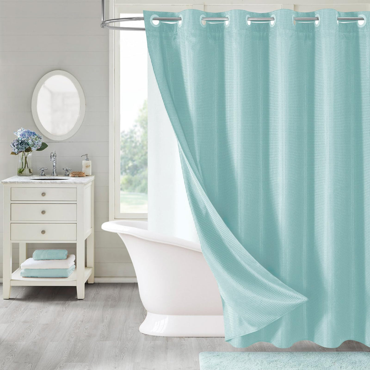 No Hook Weave Fabric Shower Curtain with Snap-in Liner White,72x74