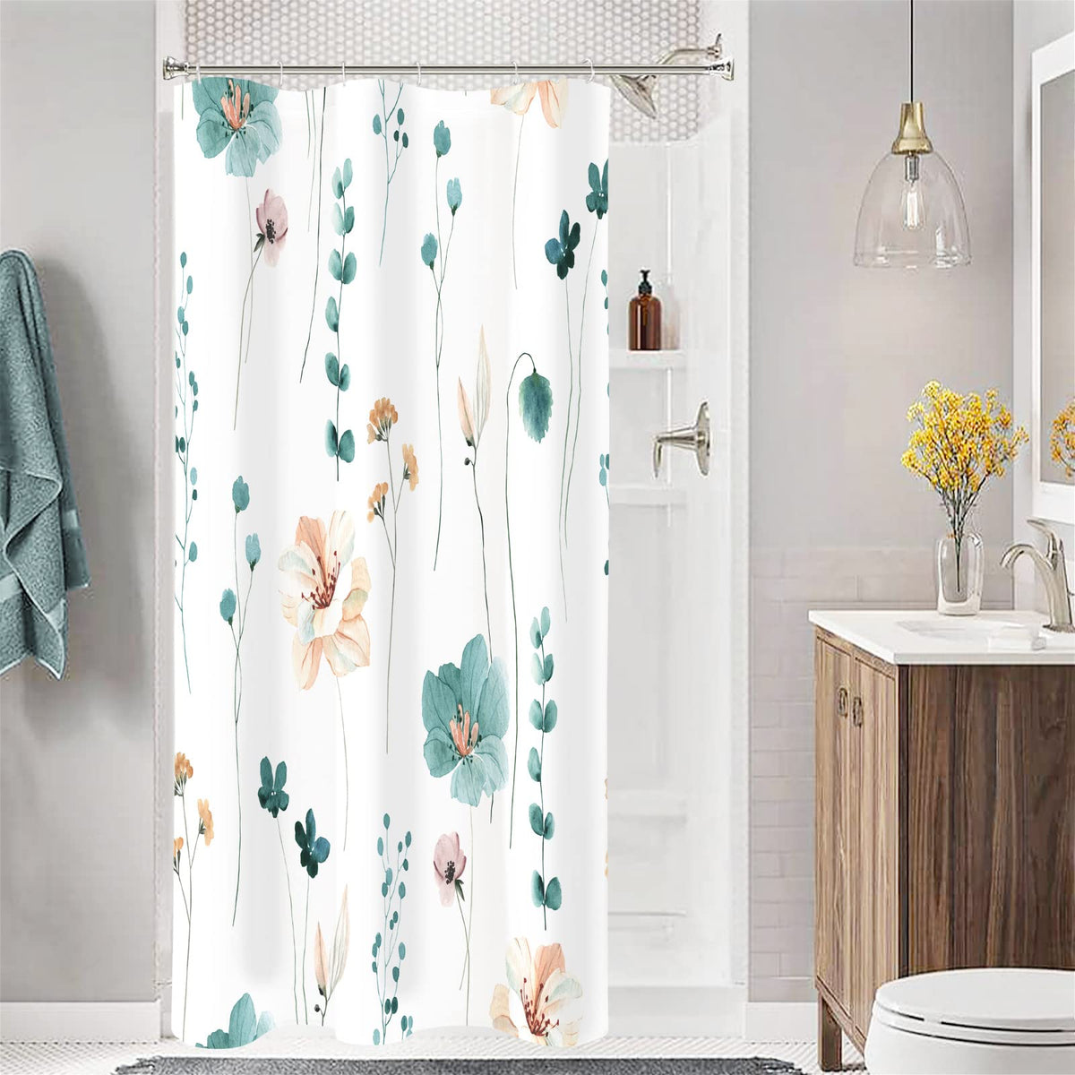 Gibelle Blue Yellow Watercolor Floral Fabric Shower Curtain, 72x72
