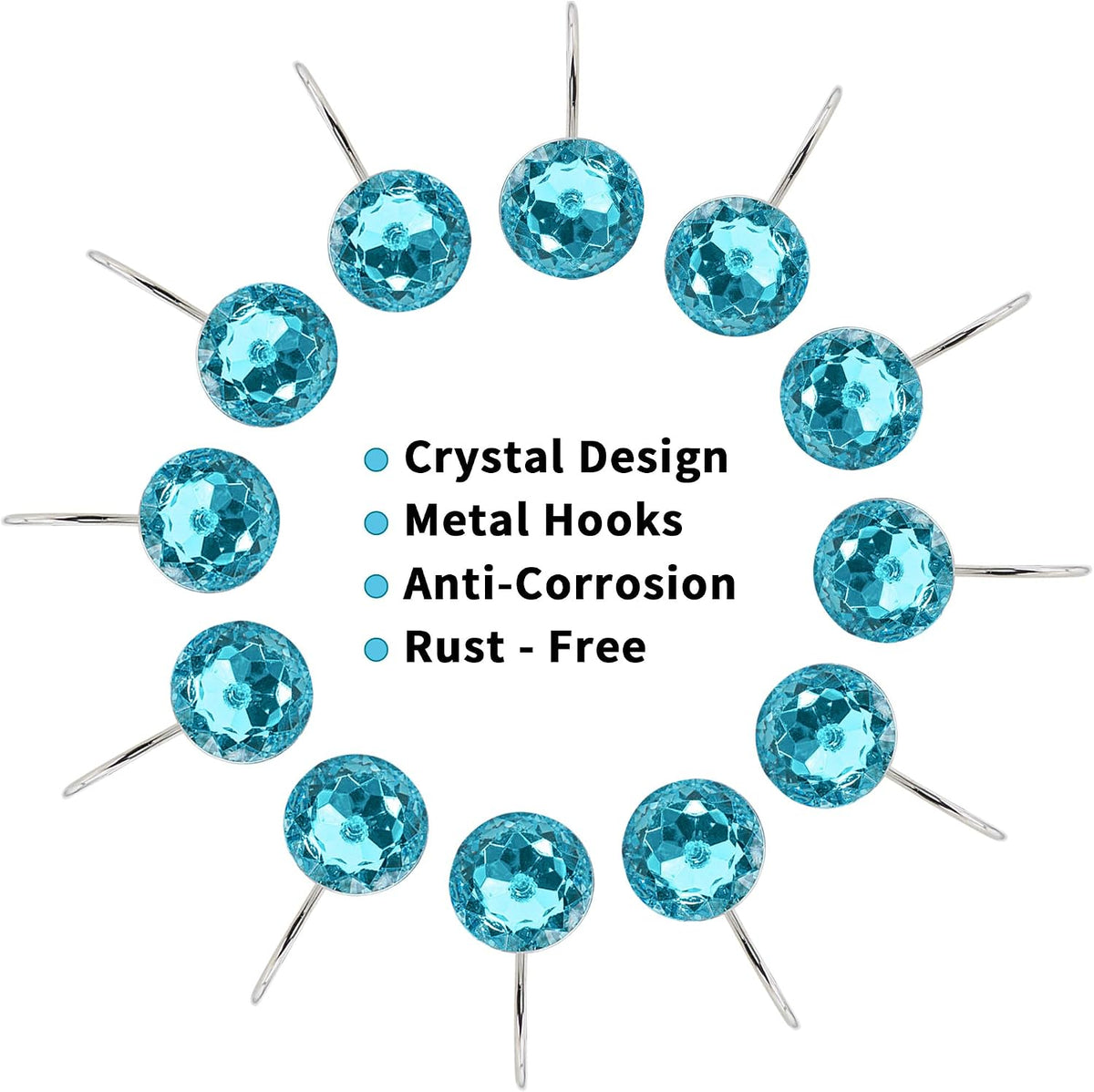 Aqua Diamond Crystal Bling Shower Curtain Hooks Rings for Bathroom,12PCS
